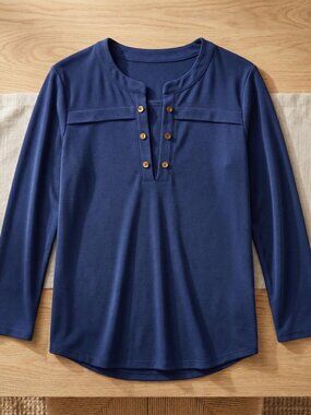 PerSeption Petite Royal Blue Henley Top PM Elevated Essential Workwear Chic Rare